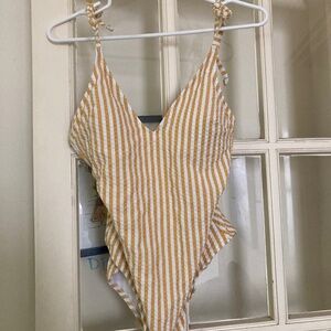 Jessica Simpson yellow striped Bardot swim suit